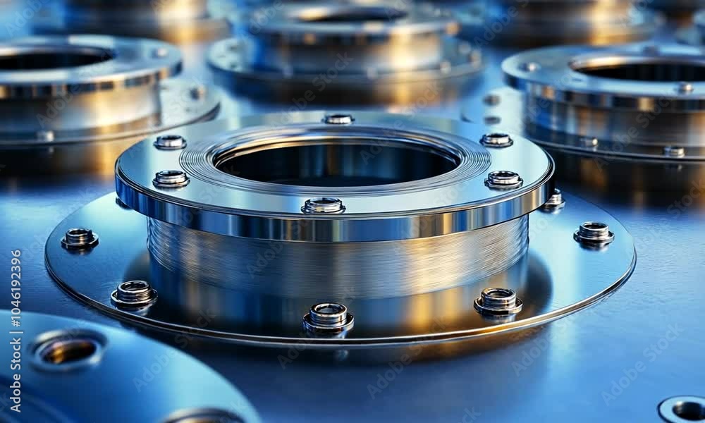 Close-up of metallic flanges with bolts, showcasing industrial design and engineering precision. Close-up of metallic flanges with bolts, showcasing industrial design and engineering precision.