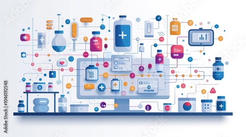 Abstract illustration of a computer monitor with connected medical symbols and icons.