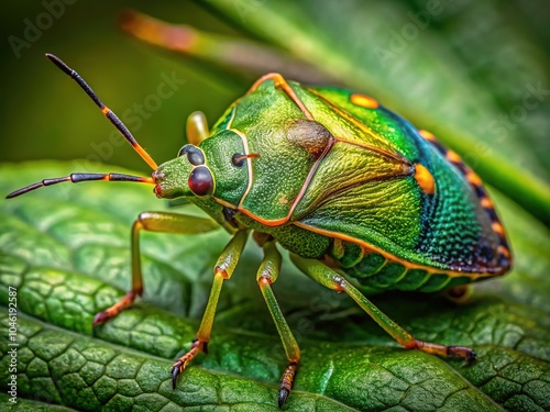 Close-up view reveals the striking green hues of a shield bug perched on foliage. photo