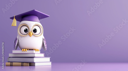 3d owl character wearing graduation cap on top of pile of books, free space on the right, purple background