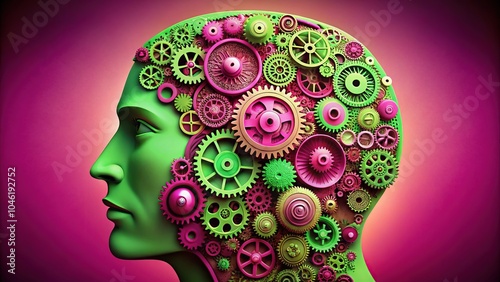 Cognitively wired: Pink and green gears illustrate the human mind's intricate workings. photo