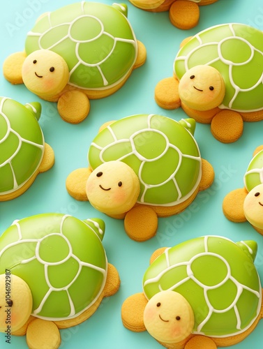 Cute Green Turtle Cookies on Blue Background