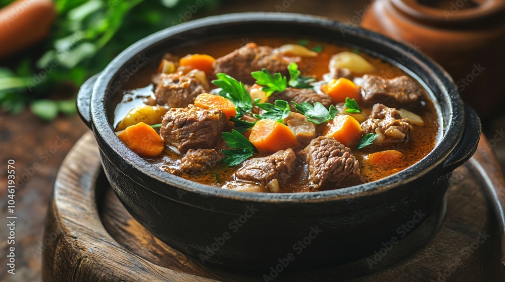 Beef Stew in a Rustic Bowl with Carrots and Parsley Beef Stew in a Rustic Bowl with Carrots and Parsley