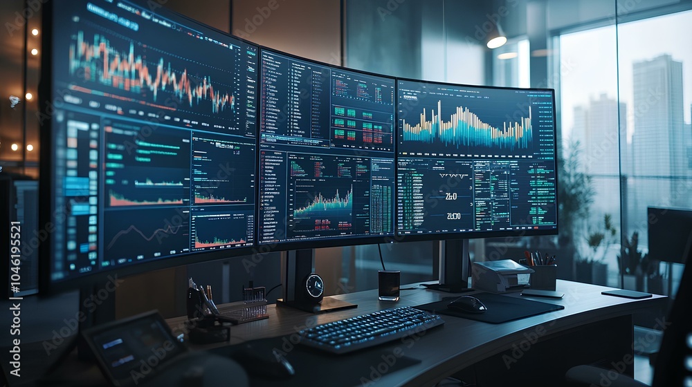 A sleek multi-monitor setup displays intricate financial data with vibrant graphs and analytics in a modern office. A sleek multi-monitor setup displays intricate financial data with vibrant graphs and analytics in a modern office.