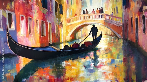 A colorful painting depicting a gondola gliding through a vibrant canal under a bridge, with silhouettes of people enjoying the scene.