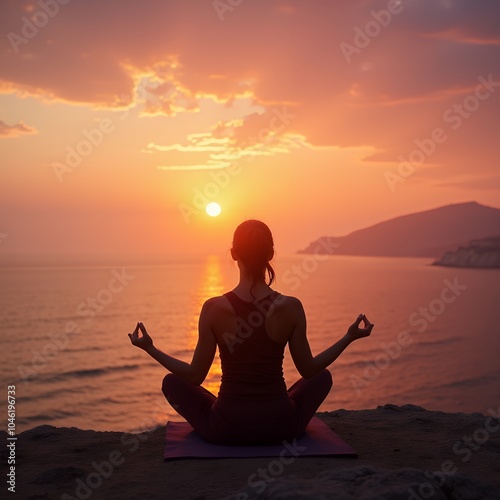 Serene Yoga Pose at Sunrise – A person in the lotus pose meditating peacefully on a cliff overlooking the ocean as the sun rises, with vibrant orange and pink hues in the sky.
