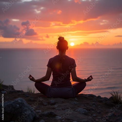 Serene Yoga Pose at Sunrise – A person in the lotus pose meditating peacefully on a cliff overlooking the ocean as the sun rises, with vibrant orange and pink hues in the sky.