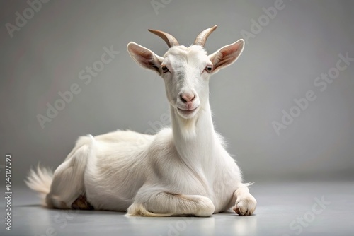White goat lying down against plain background