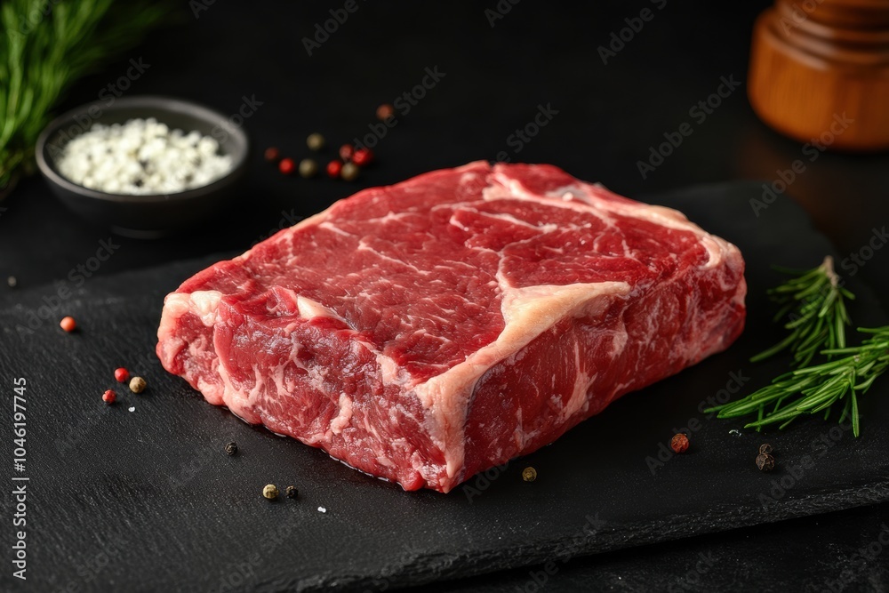 Raw Angus ribeye steak beef, showcasing rich marbling against a dark background
