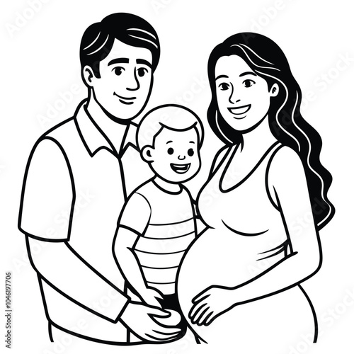 Here is the continuous line art drawing of a happy family with a pregnant woman, her husband, and their small son. It beautifully captures a moment of love and unity. Let me know if you'd like any adj