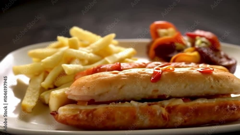 sausages with fried potatoes are placed on a plate sausages with fried potatoes are placed on a plate