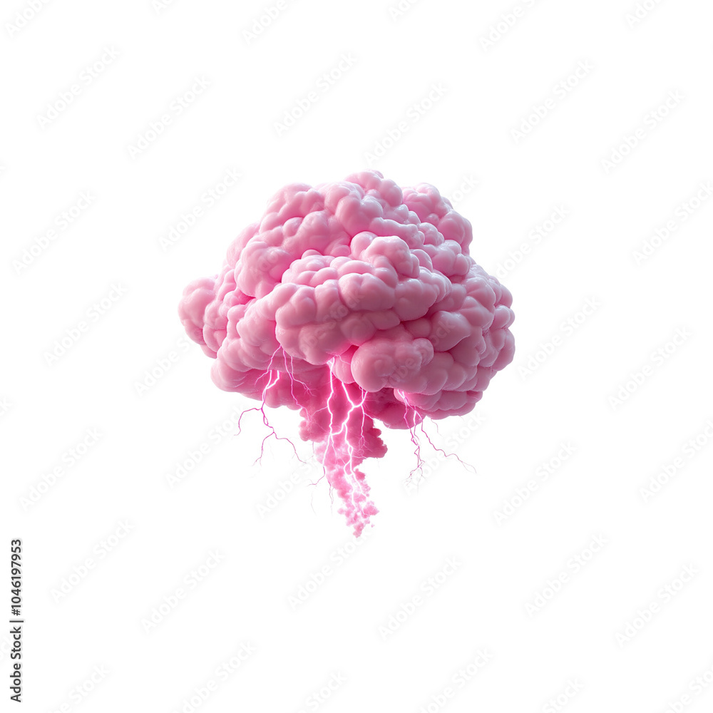 3D cartoon-style pink thunderstorm cloud with lightning bolts in the shape of a brain, white background,
3D cartoon-style pink thunderstorm cloud with lightning bolts in the shape of a brain, white background,