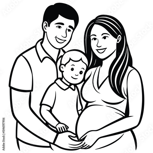 Here is the continuous line art drawing of a happy family with a pregnant woman, her husband, and their small son. It beautifully captures a moment of love and unity. Let me know if you'd like any adj