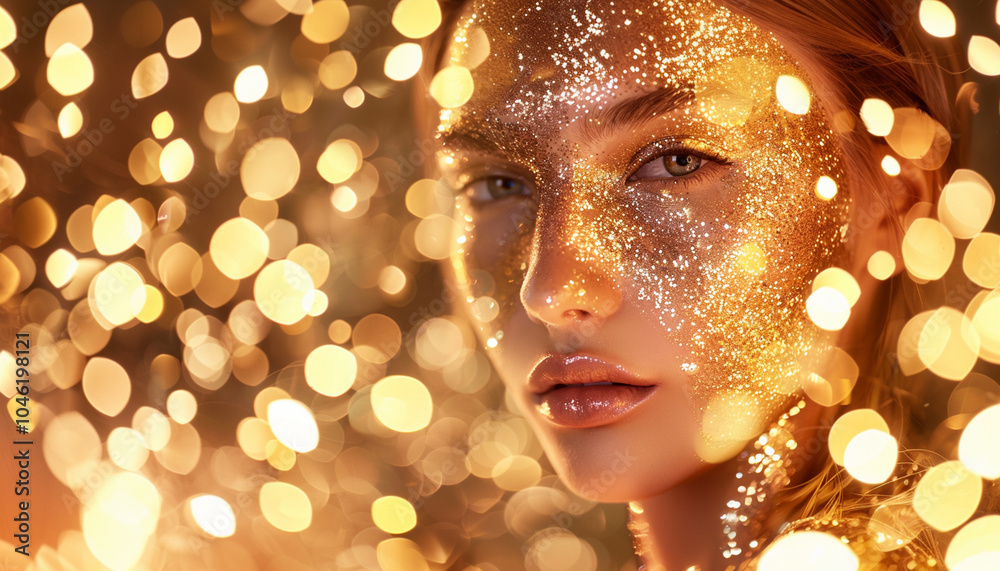 close up portrait of a young woman with golden glitter face and golden bokeh close up portrait of a young woman with golden glitter face and golden bokeh