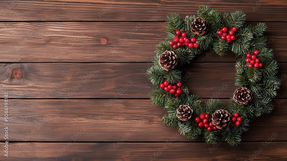 Fototapeta premium Christmas wreath with holly berries and pine cones hanging on a rustic wooden door, welcoming holiday scene