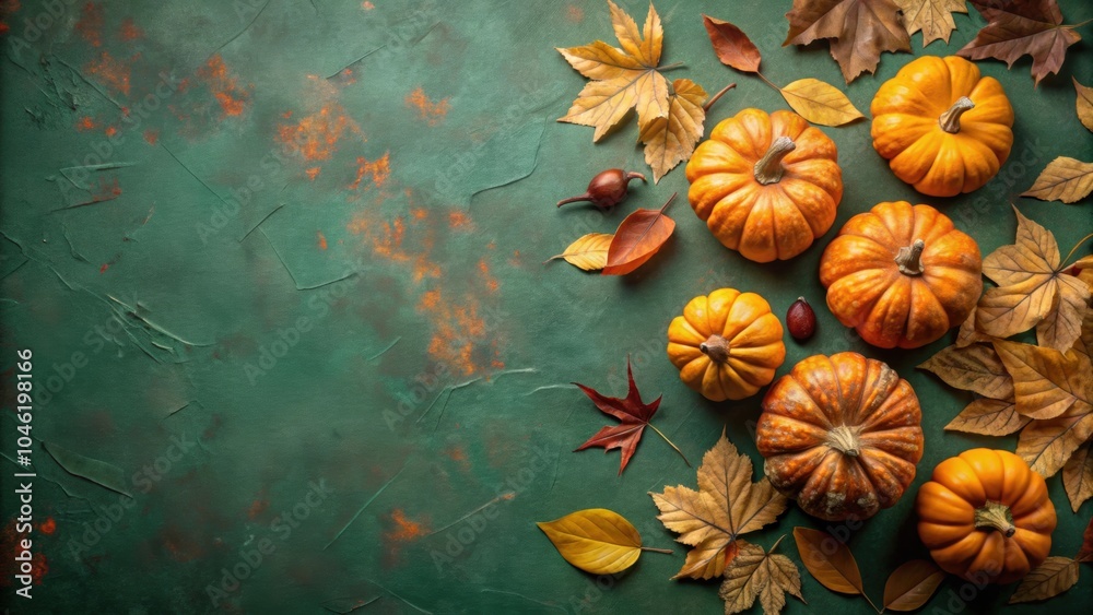 Fototapeta premium Fall flat lay frame made of pumpkins and dried leaves on olive green background