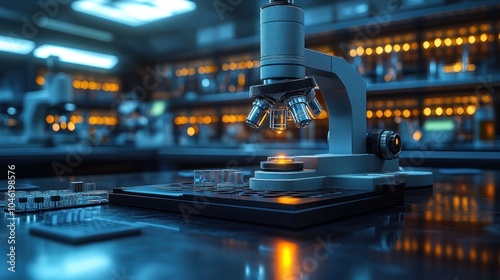 Microscope on a lab table, illuminated for scientific observation.