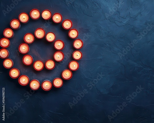 Hanukkah candles arranged in a spiral pattern, unique modern design, glowing against dark background photo