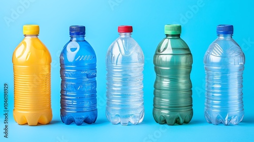 Colorful plastic bottles arranged neatly against a blue background photo