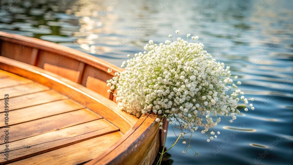 White gypsophila bouquet on the bow of a wooden boat Macro White gypsophila bouquet on the bow of a wooden boat Macro