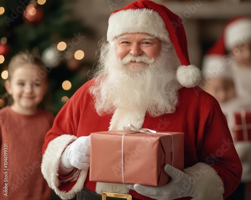 Santa Claus handing out gifts to children by the Christmas tree, warm and magical holiday moment