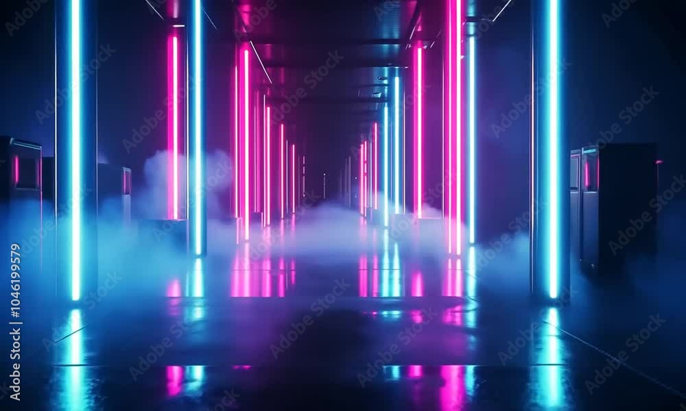 A futuristic neon hallway with pink and blue lights reflecting on the wet floor. A futuristic neon hallway with pink and blue lights reflecting on the wet floor.