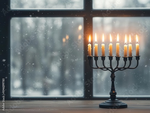 Hanukkah menorah in front of a window with snow falling outside, peaceful winter scene, warm light photo