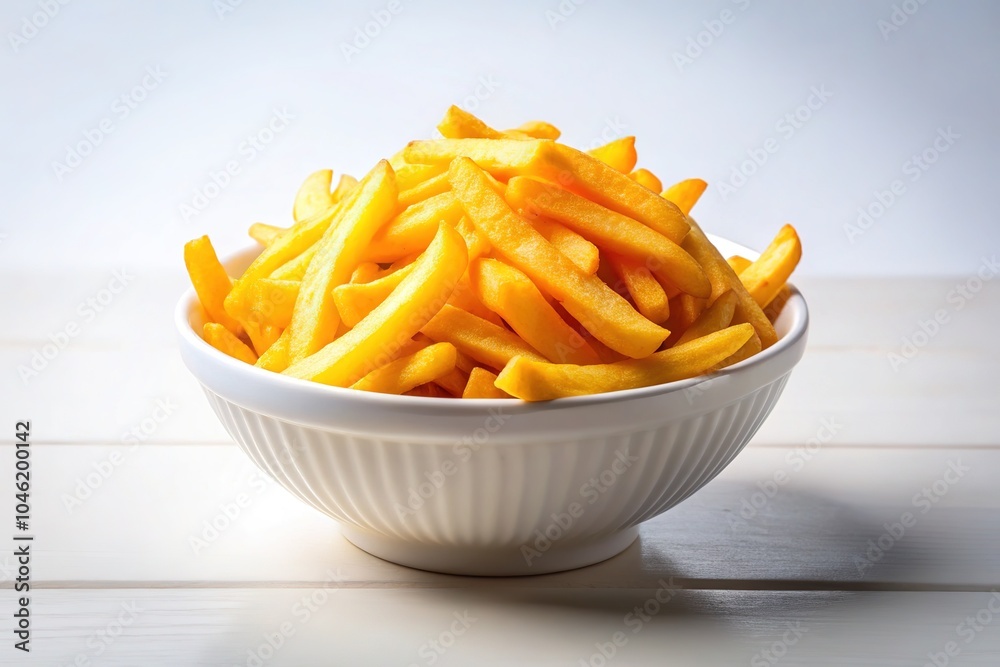 Perfectly golden French fries, a vibrant contrast against a pure white background. Perfectly golden French fries, a vibrant contrast against a pure white background.