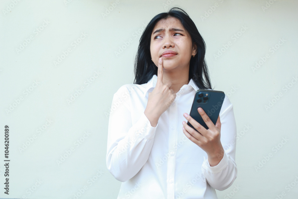 studio shot of asian woman using smartphone for online shopping and social media looking away thinking with finger on chin show worry expression wear formal suit standing over isolated background studio shot of asian woman using smartphone for online shopping and social media looking away thinking with finger on chin show worry expression wear formal suit standing over isolated background