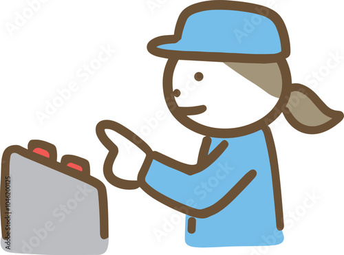 機械のボタンを押す作業服の女性(上半身)