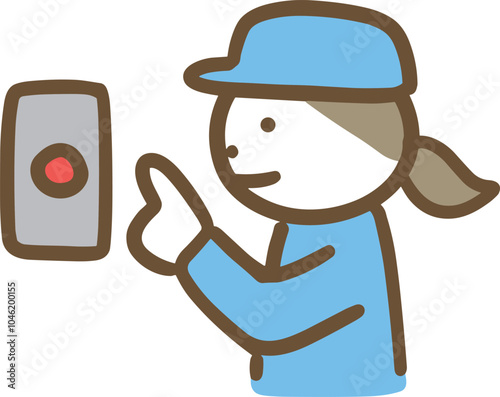 壁のボタンを押す作業服の女性(上半身)