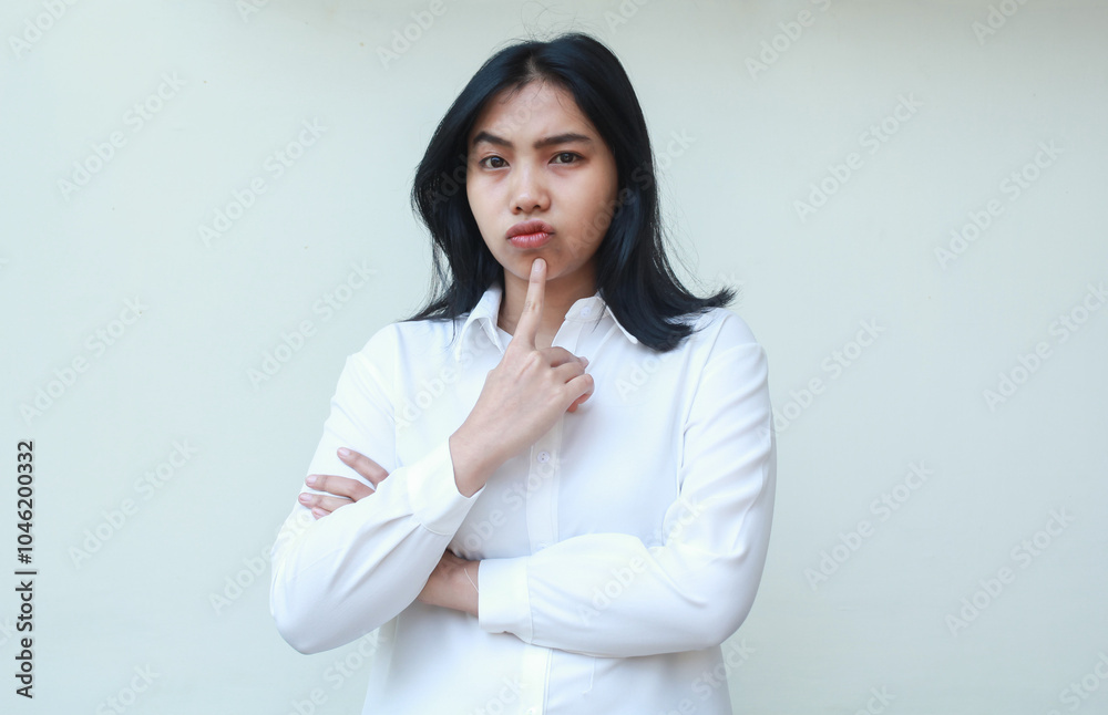 image of pensive pretty asian woman manager wearing white shirt looking at camera pondering with fingers on chin and folded arm, standing unsure expression image of pensive pretty asian woman manager wearing white shirt looking at camera pondering with fingers on chin and folded arm, standing unsure expression