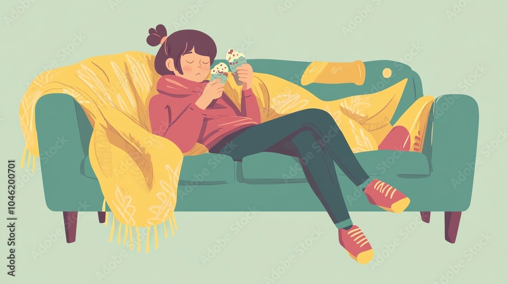 Obraz premium Cozy illustration of a girl relaxing on a couch with a blanket and drink.