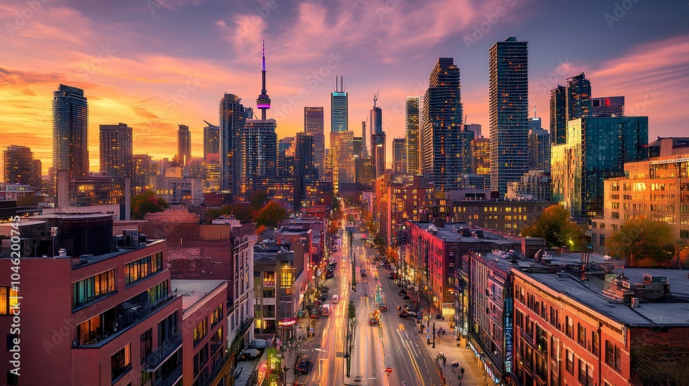 Obraz premium A vibrant sunset over a bustling city skyline, showcasing modern architecture and lively streets illuminated by evening lights.