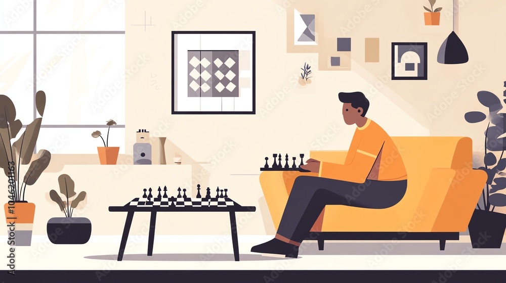Fototapeta premium Person playing chess on a cozy couch in a stylish, modern living room with plants and artwork.
