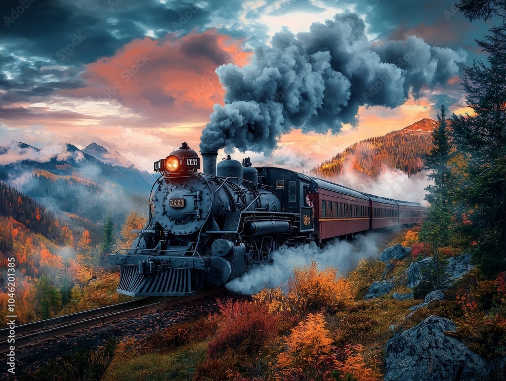 Fototapeta premium Dramatic Train Roaring Through Scenic Mountain Landscape