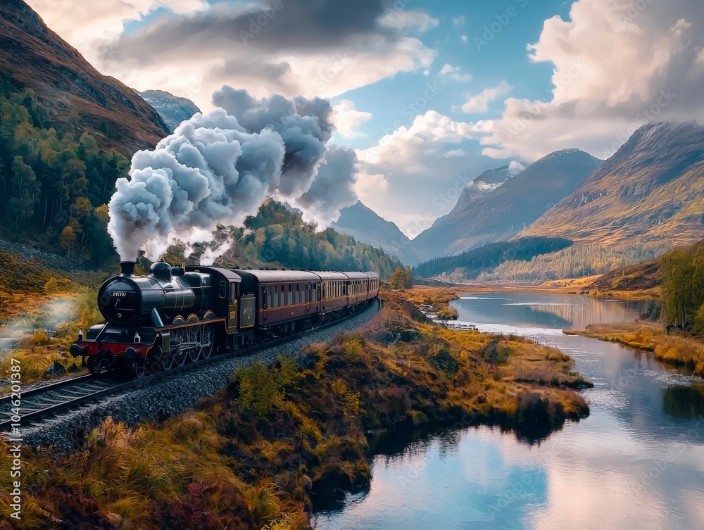 Fototapeta premium Dramatic Train Roaring Through Mountain Scenery