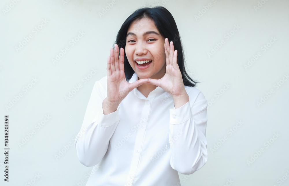 charming beauty cheerful asian business woman shouting at camera with laugh and raised palms announce promotion and new product wearing white shirt formal suit standing isolated background charming beauty cheerful asian business woman shouting at camera with laugh and raised palms announce promotion and new product wearing white shirt formal suit standing isolated background