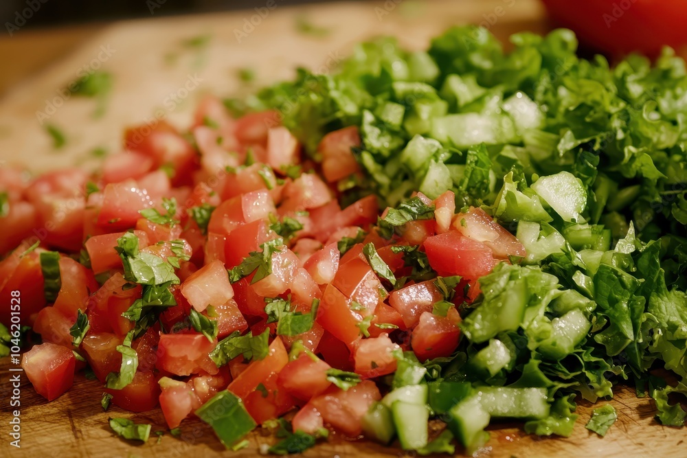 Freshly Chopped Lettuce and Tomatoes on Cutting Board Freshly Chopped Lettuce and Tomatoes on Cutting Board