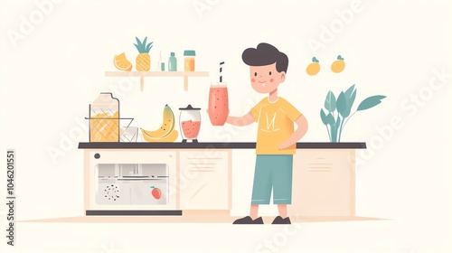 Young boy making a smoothie in a bright kitchen with fruits and kitchen appliances.