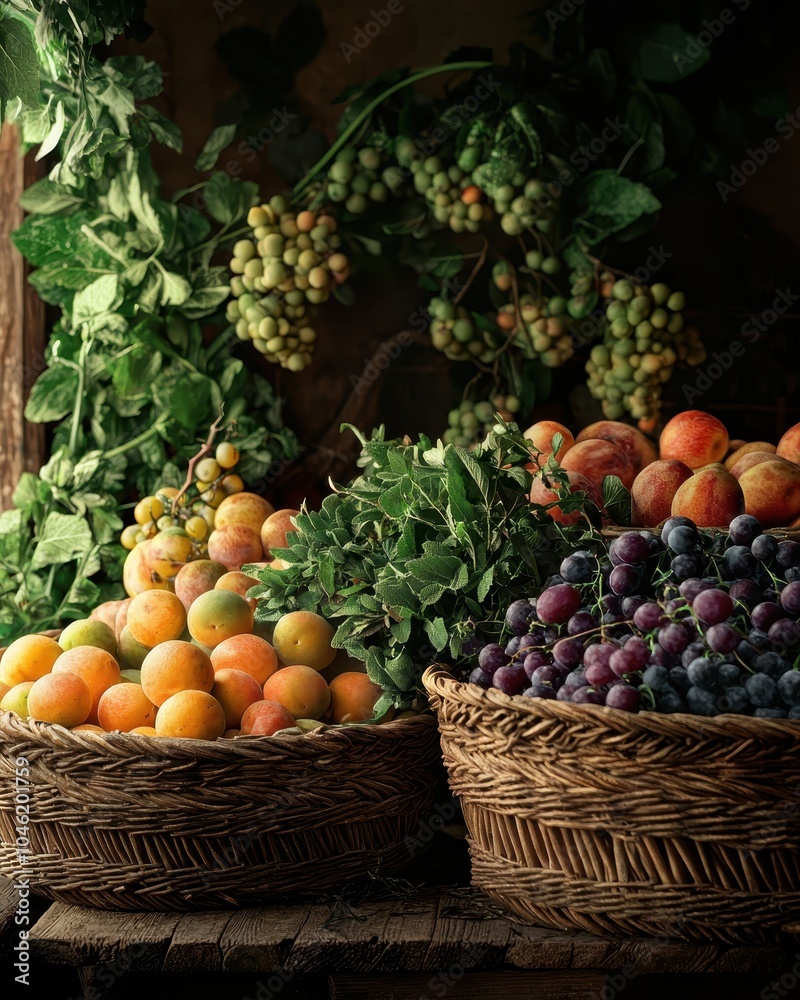 Fresh Fruits and Herbs in Wicker Baskets Fresh Fruits and Herbs in Wicker Baskets