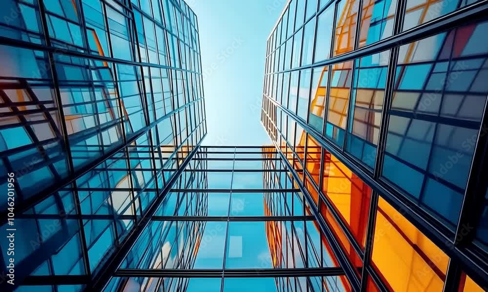 Glass facade of skyscrapers reflecting blue sky. Glass facade of skyscrapers reflecting blue sky.