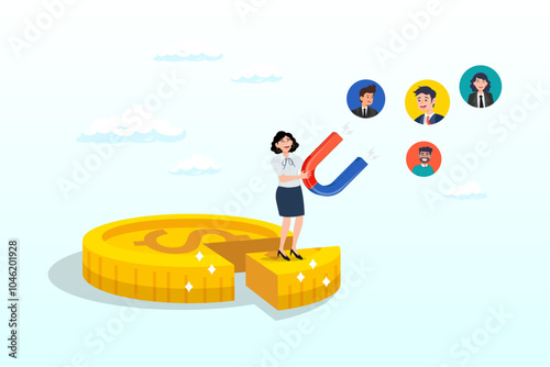 Businesswoman with magnet on dollar cost, customer acquisition cost, CAC, advertising cost for lead generation, marketing expense or spending on customer retention, optimize conversion rate concept