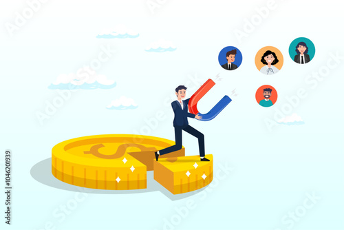 Businessman with magnet on dollar cost, customer acquisition cost, CAC, advertising cost for lead generation, marketing expense or spending on customer retention, optimize conversion rate concept