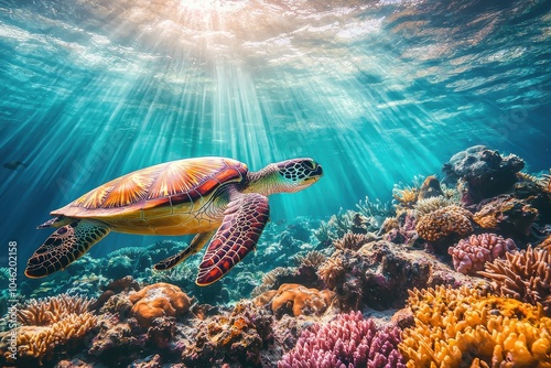 Vibrant Underwater Scene with Sea Turtle and Coral Reefs photo