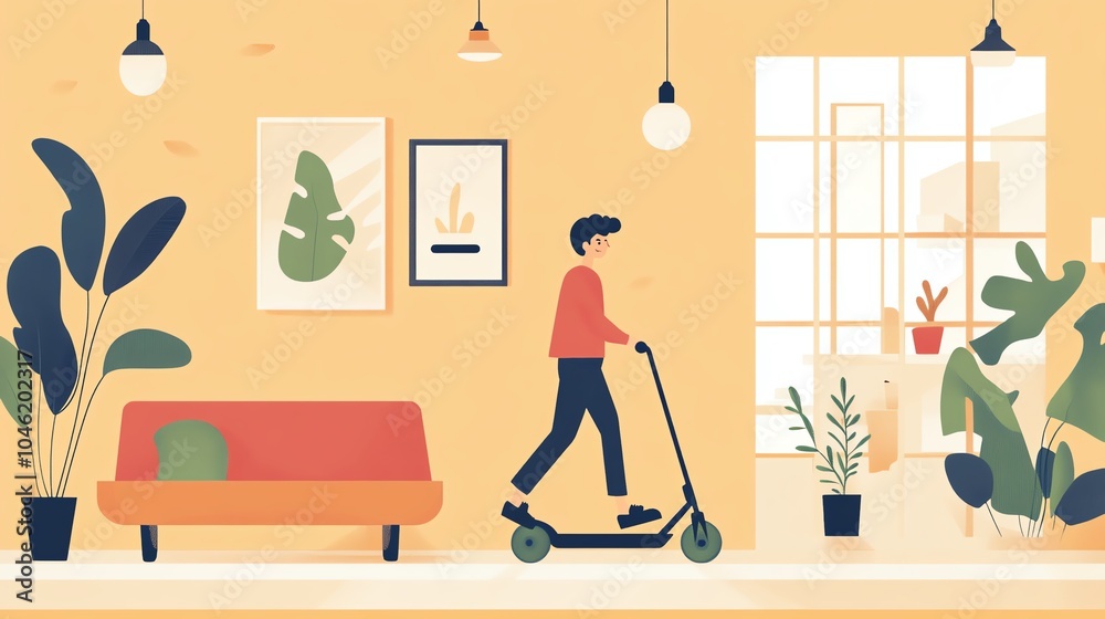 A person riding a scooter in a cozy, plant-filled living room. A person riding a scooter in a cozy, plant-filled living room.