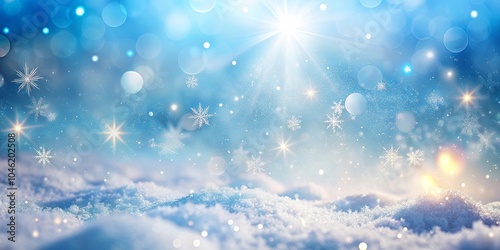 A serene landscape of glistening snow, illuminated by the warm glow of a rising sun, with scattered snowflakes and shimmering lights dancing in the blue sky.