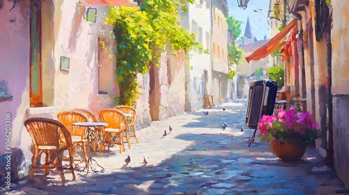 Fototapeta Naklejka Na Ścianę i Meble -  Oil painting style streets of a European town in the afternoon