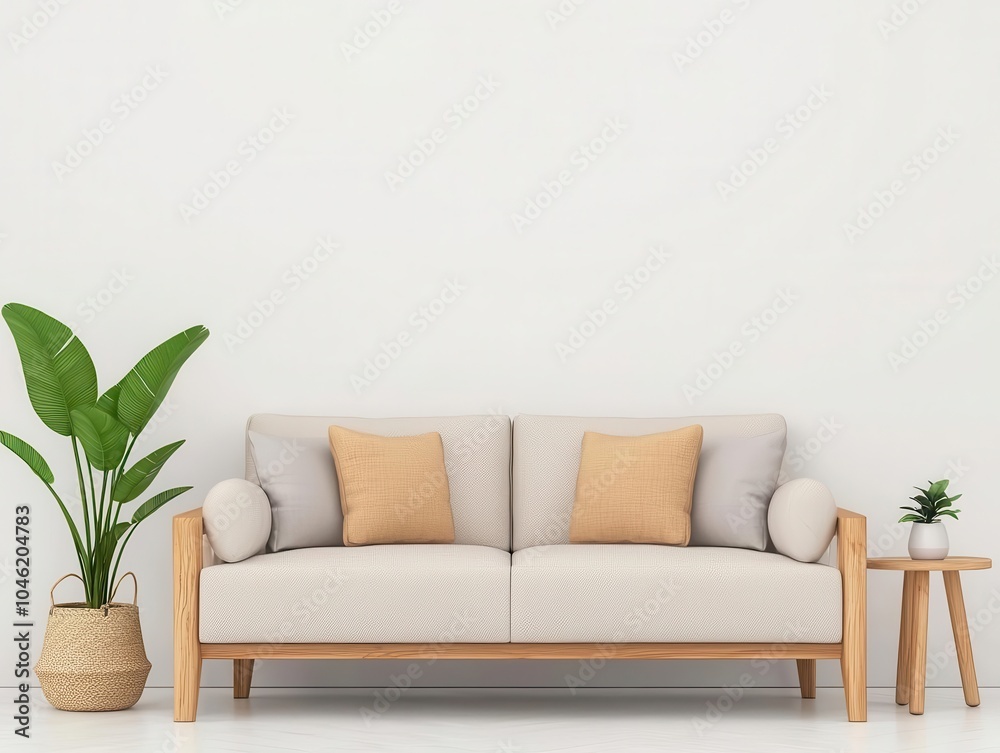 Elegant beige sectional sofa with pastel pillows, surrounded by cute decor and plants in a bright living room, sofa, modern and charming