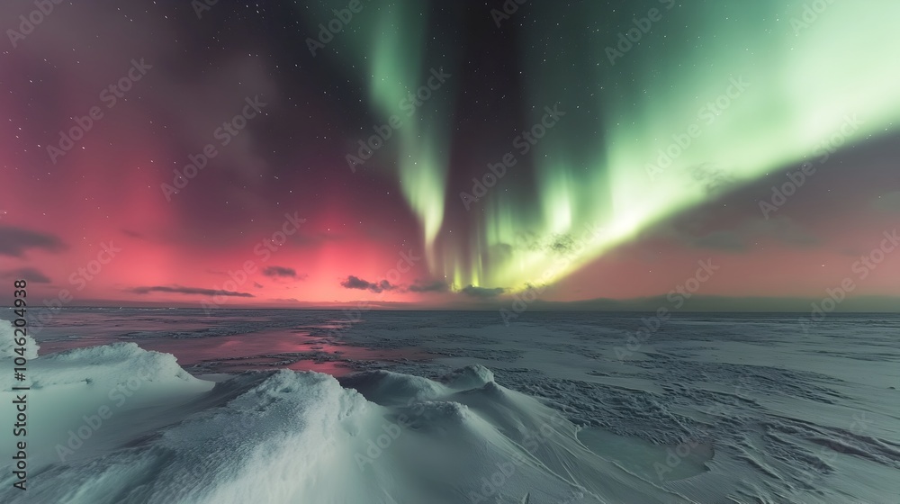 Mesmerizing Aurora Borealis over Frozen Landscape at Night Mesmerizing Aurora Borealis over Frozen Landscape at Night